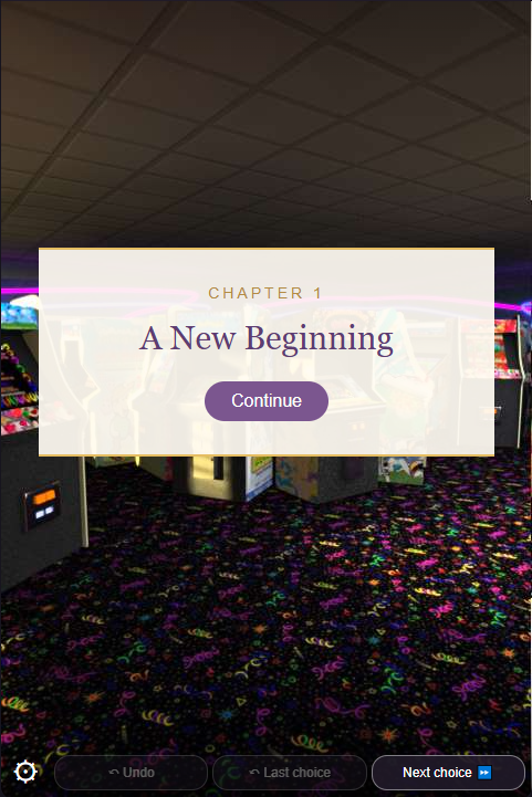 Chapter 1: A New Beginning displayed in the game with a Continue button